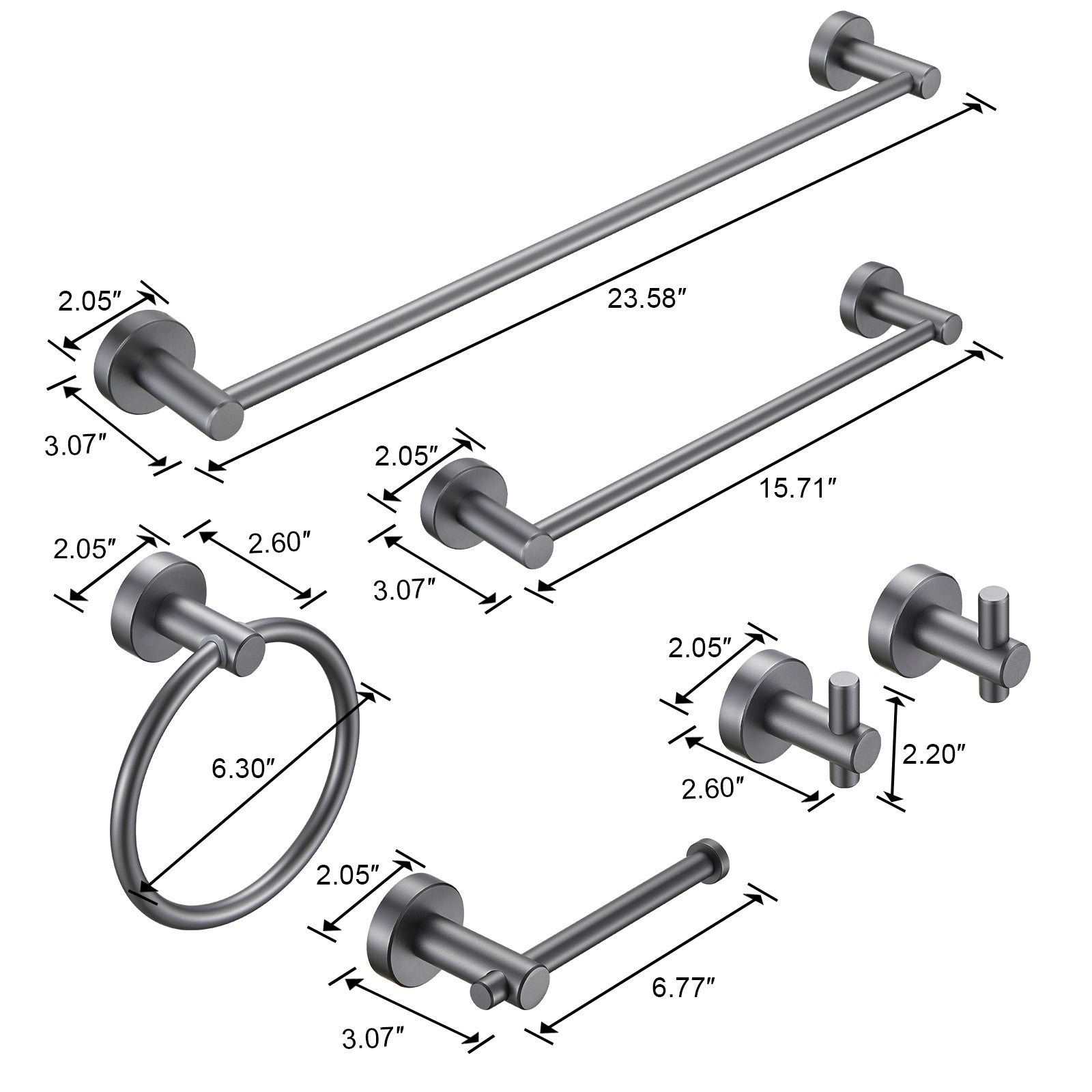 NestPro 6- Piece Bath Hardware Set with Towel Ring Toilet Paper Holder Towel Hook and Towel Bar TMBH06-GY4