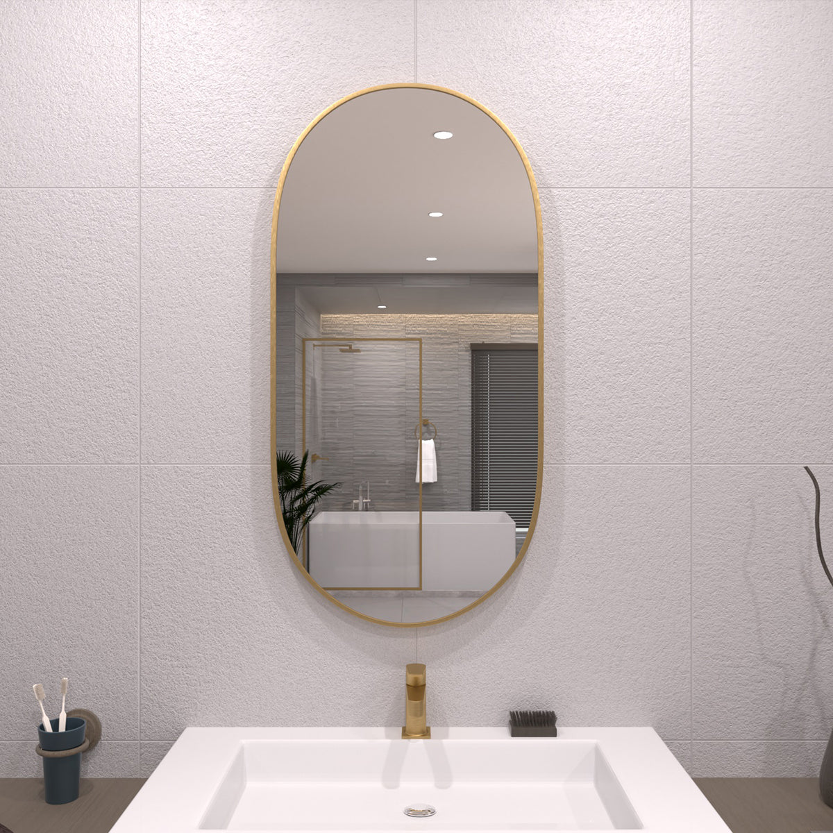 TaiMei 18 in. W x 36 in. H Vertical / Horizontal Oval Framed Wall Bathroom Mirror Brushed Gold TV-1836-BG01