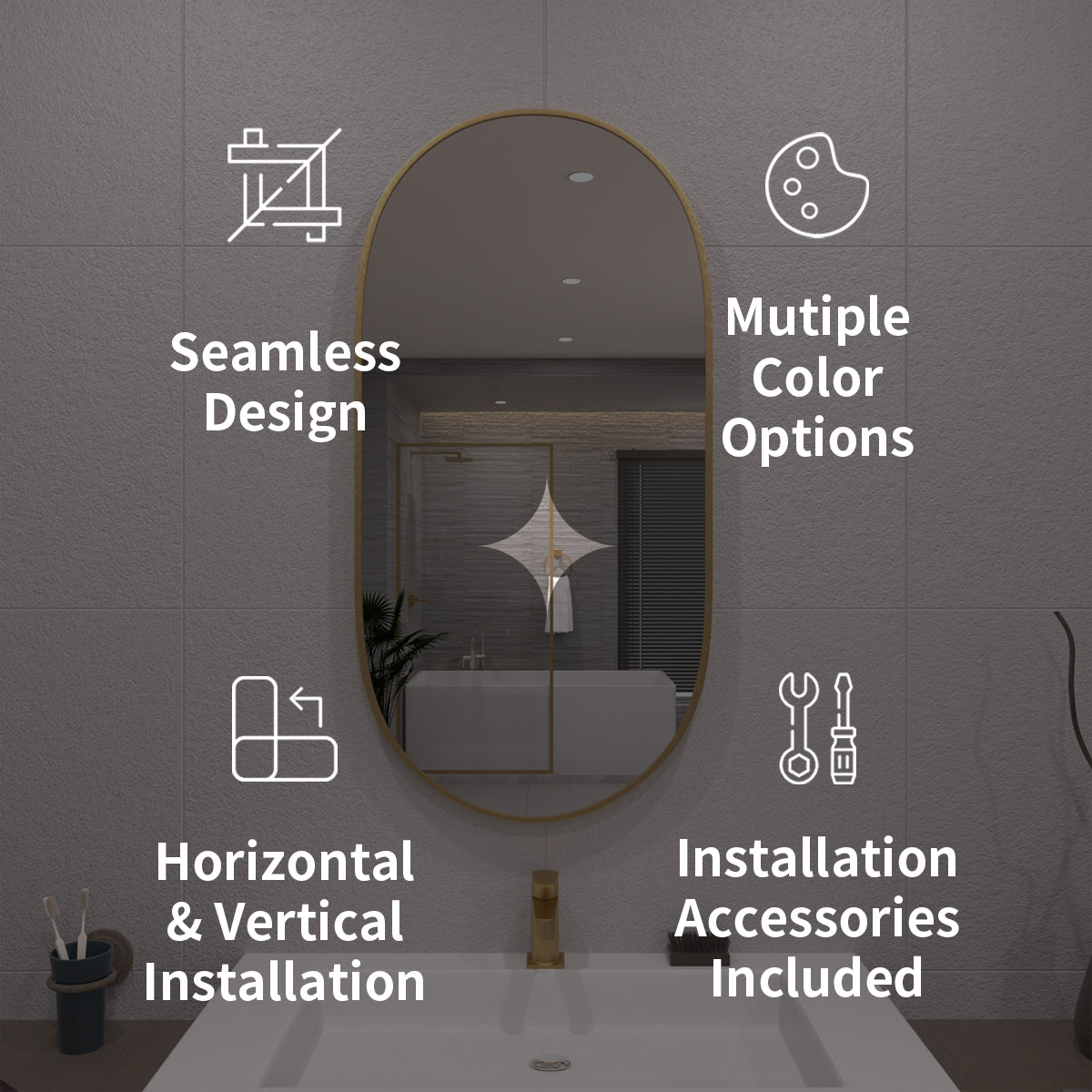 TaiMei 18 in. W x 36 in. H Vertical / Horizontal Oval Framed Wall Bathroom Mirror TV-1836-BG03