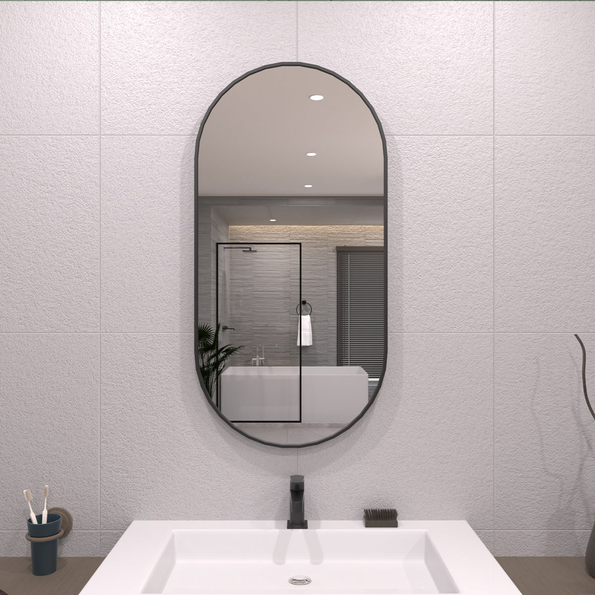 TaiMei 18 in. W x 36 in. H Vertical / Horizontal Oval Framed Wall Bathroom Mirror Matte Black TV-1836-BL01