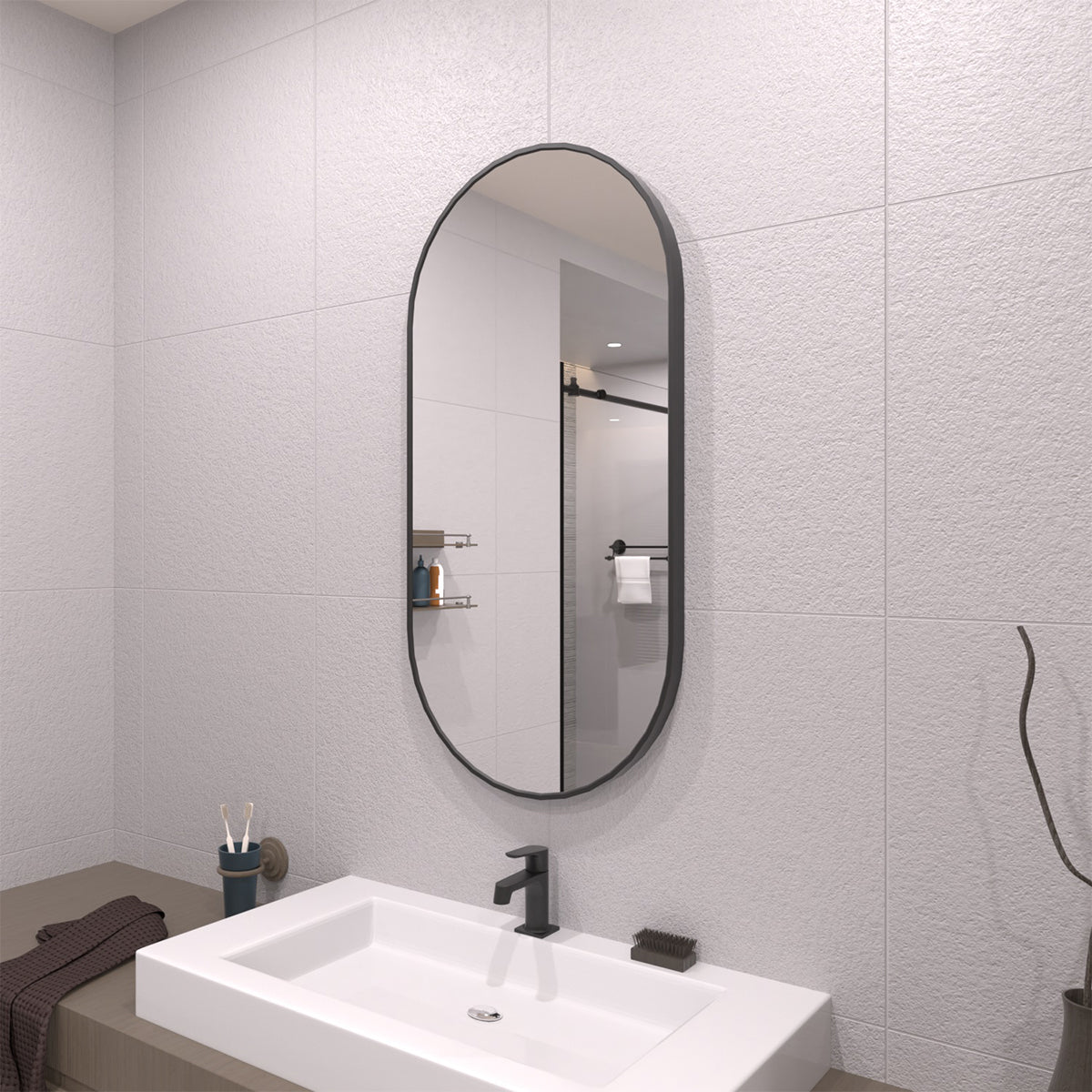 TaiMei 18 in. W x 36 in. H Vertical / Horizontal Oval Framed Wall Bathroom Mirror TV-1836-BL02