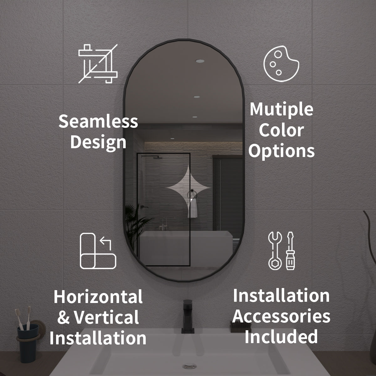 TaiMei 18 in. W x 36 in. H Vertical / Horizontal Oval Framed Wall Bathroom Mirror TV-1836-BL03