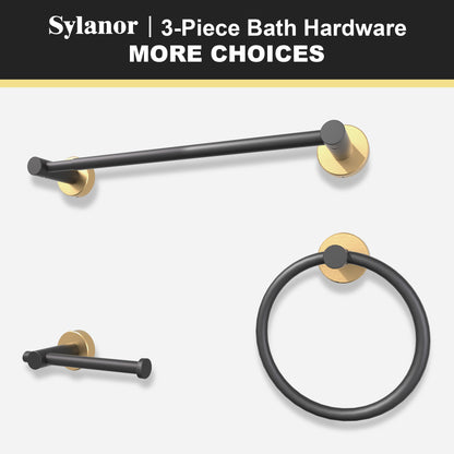 NestPro 3 -Piece Bath Hardware Set with Adjustable Towel Bar/Rack, Toilet Paper Holder, Towel Ring Black Gold XYBH-03BG1