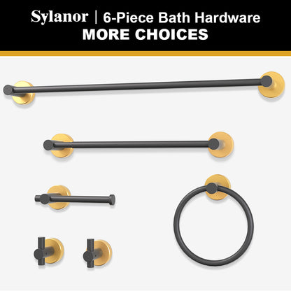 NestPro 6- Piece Bath Hardware Set with Towel Ring Toilet Paper Holder Towel Hook and Towel Bar Black Gold XYBH-06BG1