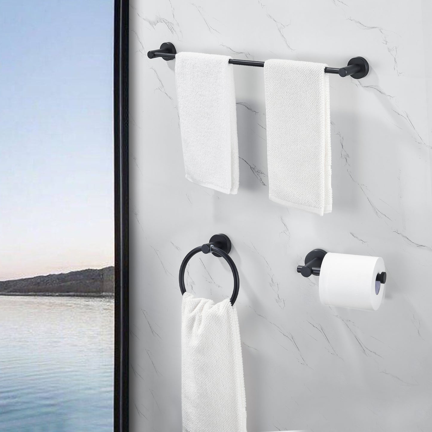 NestPro 3 -Piece Bath Hardware Set with Adjustable Towel Bar/Rack, Toilet Paper Holder, Towel Ring XYBH03-BL01