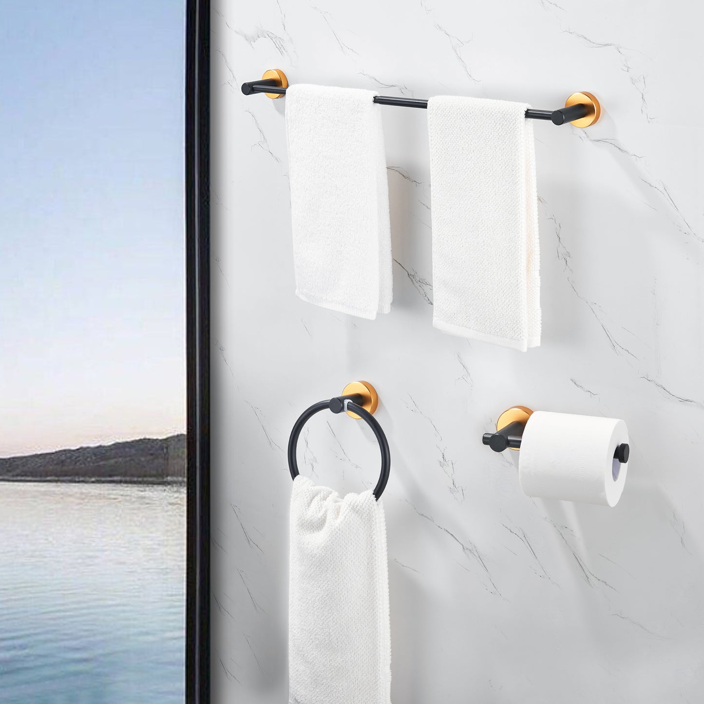 NestPro 3 -Piece Bath Hardware Set with Adjustable Towel Bar/Rack, Toilet Paper Holder, Towel Ring XYBH03-GD01