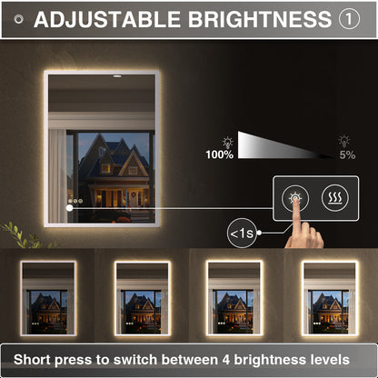 Shimmer Rectangular Frameless Anti-Fog LED Light Dimmable Wall Bathroom Vanity Mirror in Polished Crystal
