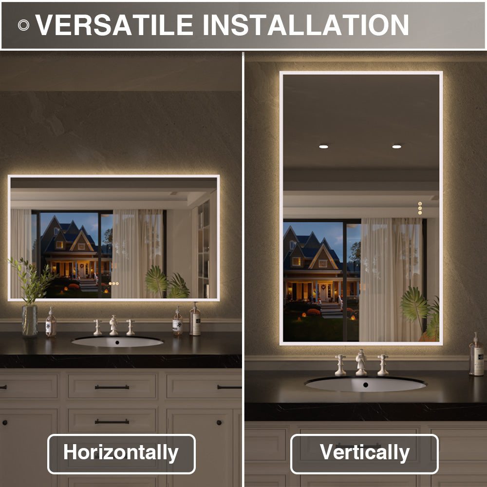 Shimmer Rectangular Frameless Anti-Fog LED Light Dimmable Wall Bathroom Vanity Mirror in Polished Crystal