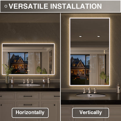 Shimmer Rectangular Frameless Anti-Fog LED Light Dimmable Wall Bathroom Vanity Mirror in Polished Crystal
