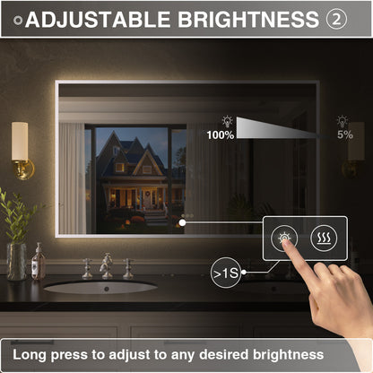 Shimmer Rectangular Frameless Anti-Fog LED Light Dimmable Wall Bathroom Vanity Mirror in Polished Crystal