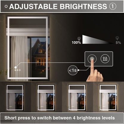 Flicker Rectangular Frameless Anti-Fog LED Light Dimmable Wall Bathroom Vanity Mirror in Polished Crystal