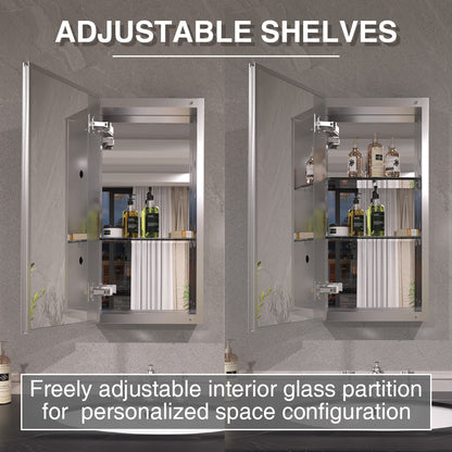 Keen Framless Recessed or Surface-Mount Rectangular Aluminum Medicine Cabinet with Mirror in Silver