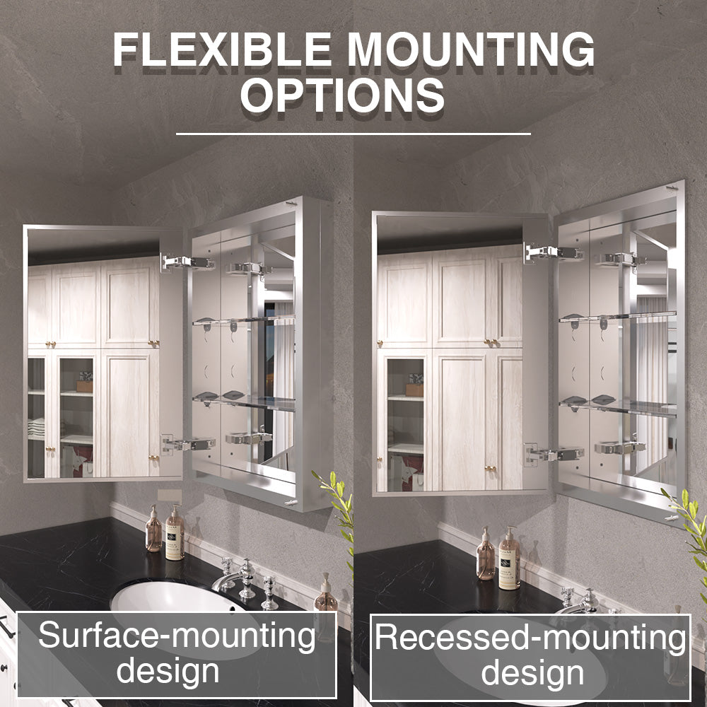 Keen Framless Recessed or Surface-Mount Rectangular Aluminum Medicine Cabinet with Mirror in Silver