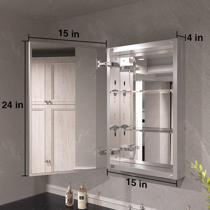 Keen Framless Recessed or Surface-Mount Rectangular Aluminum Medicine Cabinet with Mirror in Silver