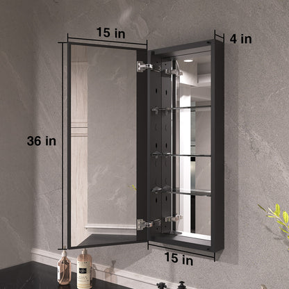 Keen Framless Recessed or Surface-Mount Rectangular Aluminum Medicine Cabinet with Mirror in Matte Black