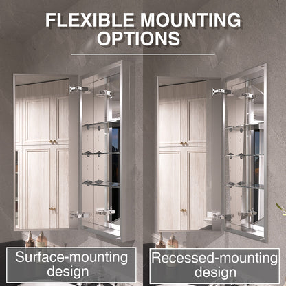 Keen Framless Recessed or Surface-Mount Rectangular Aluminum Medicine Cabinet with Mirror in Silver