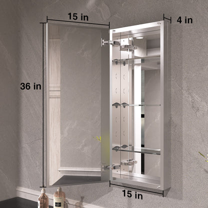 Keen Framless Recessed or Surface-Mount Rectangular Aluminum Medicine Cabinet with Mirror in Silver