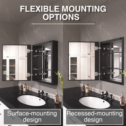 Keen Framless Recessed or Surface-Mount Rectangular Aluminum Medicine Cabinet with Mirror in Matte Black