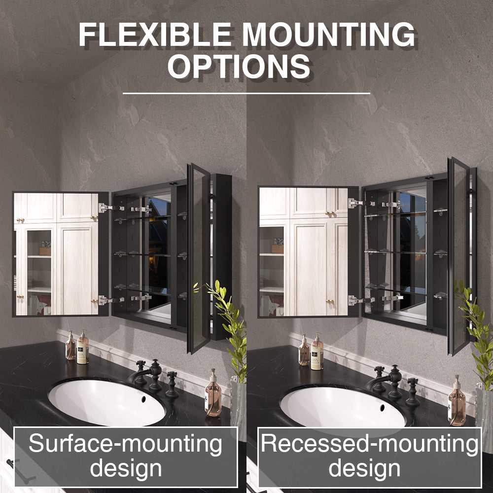 Keen Framless Recessed or Surface-Mount Rectangular Aluminum Medicine Cabinet with Mirror in Matte Black