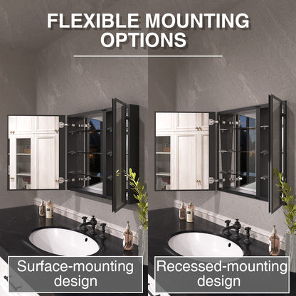 Keen Framless Recessed or Surface-Mount Rectangular Aluminum Medicine Cabinet with Mirror in Matte Black