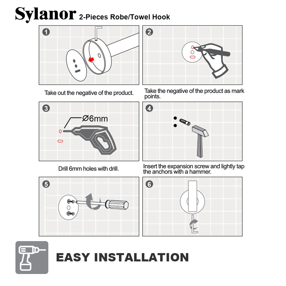NestPro 2-Pieces Wall Mounted J-Hook Round Bathroom Robe/Towel Hook XYTH-02BG12