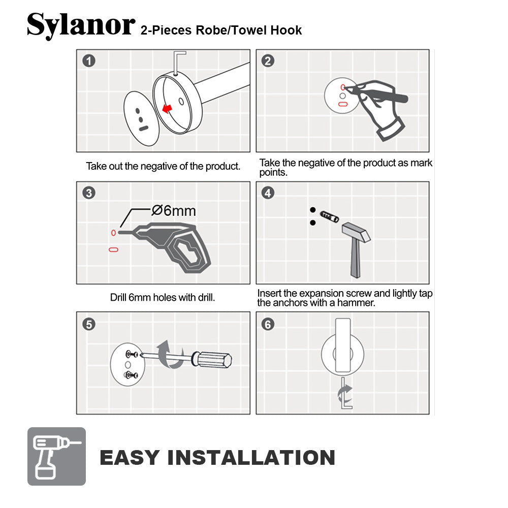NestPro 2-Pieces Wall Mounted J-Hook Round Bathroom Robe/Towel Hook XYTH-02BL12
