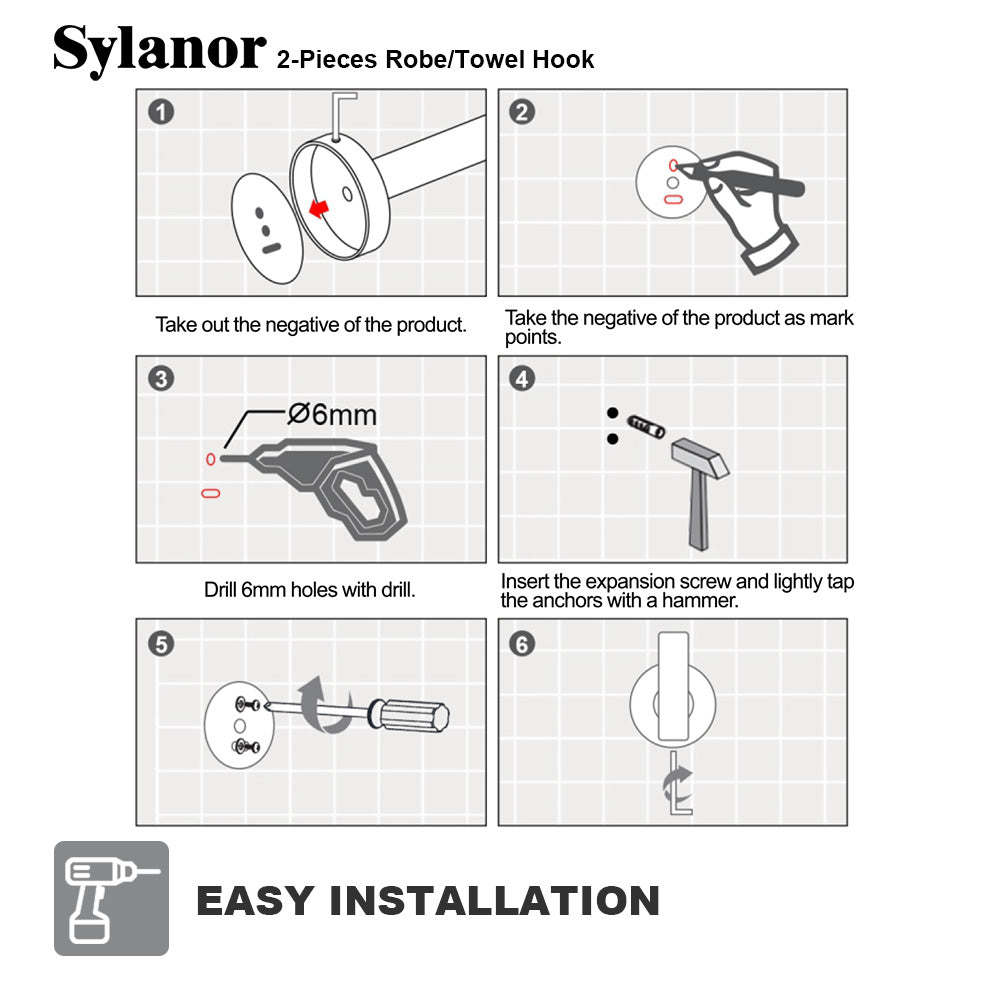 NestPro 2-Pieces Wall Mounted J-Hook Round Bathroom Robe/Towel Hook XYTH-02GY12