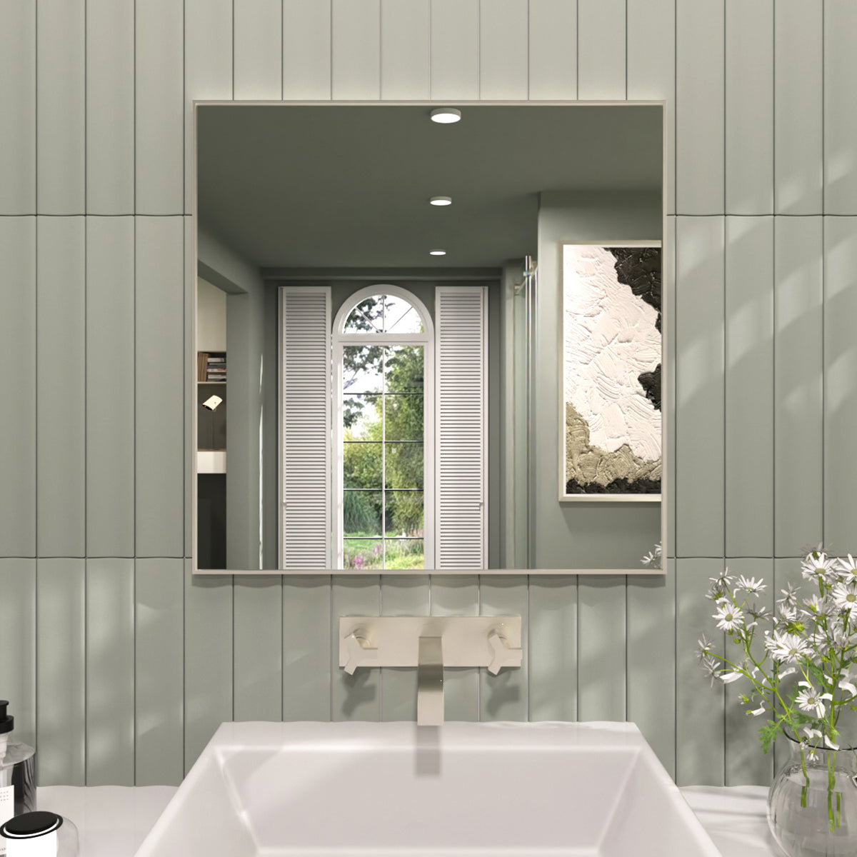 TaiMei 30 in. W x 30 in. H Rectangular Framed Wall Bathroom Vanity Mirror Brushed Nickel ZL3030-BN-01_1d3a6be7-b7a7-4fae-aafd-a9a40662ffb7